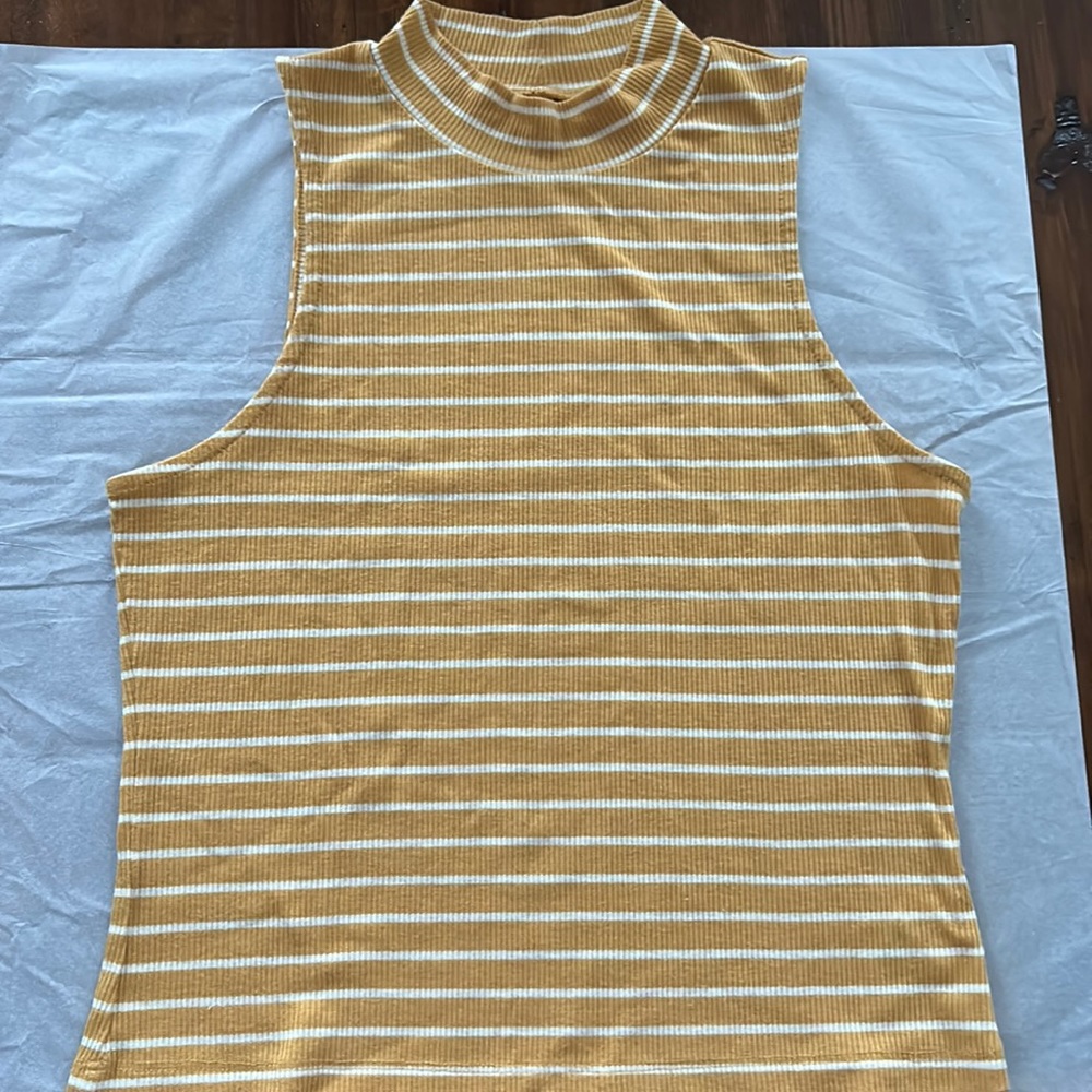 Aeropostale Mustard White Striped Sleeveless Turtle Neck Top